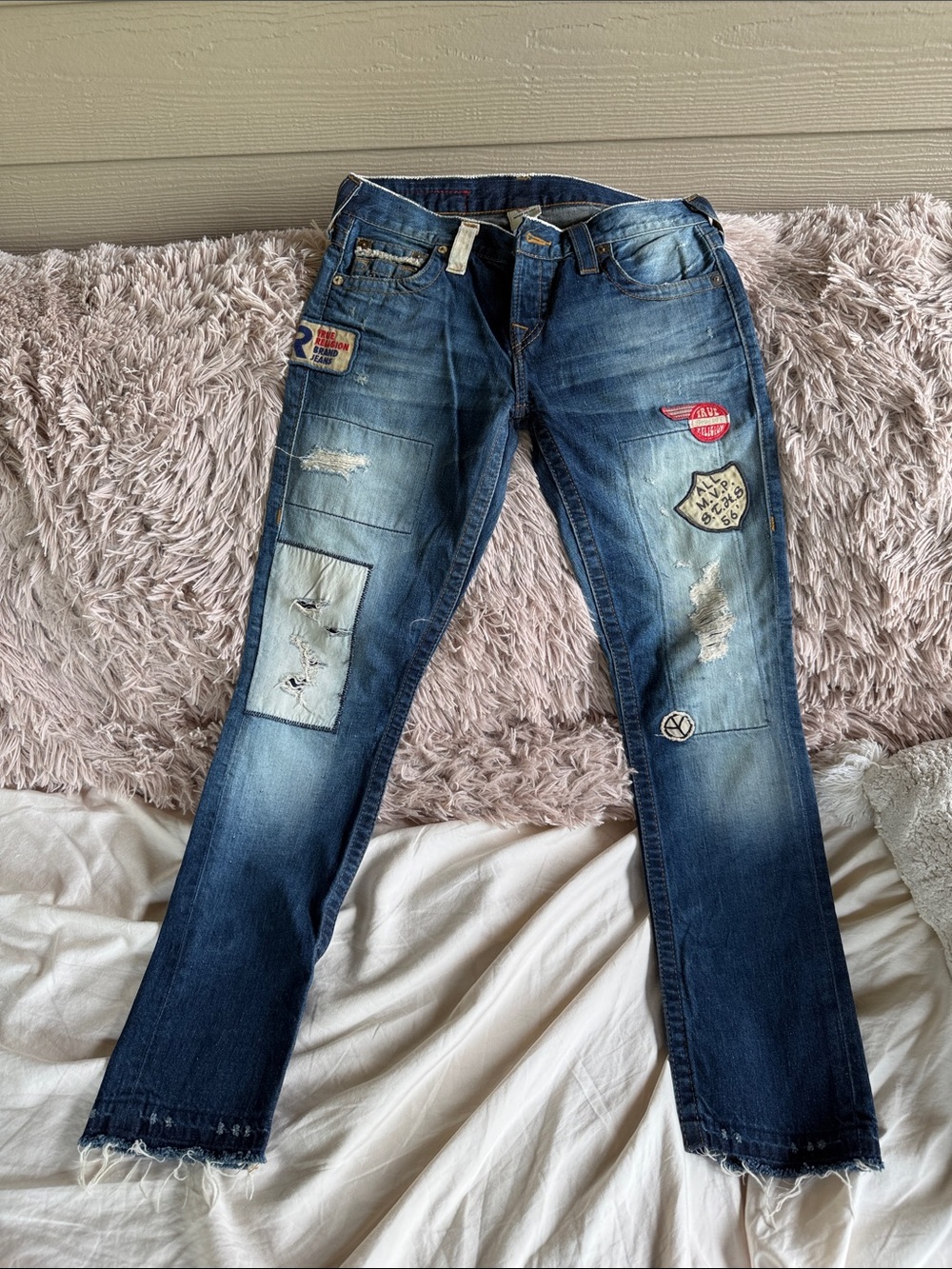 True Religion Distressed Patchwork Skinny Jeans - Blue
